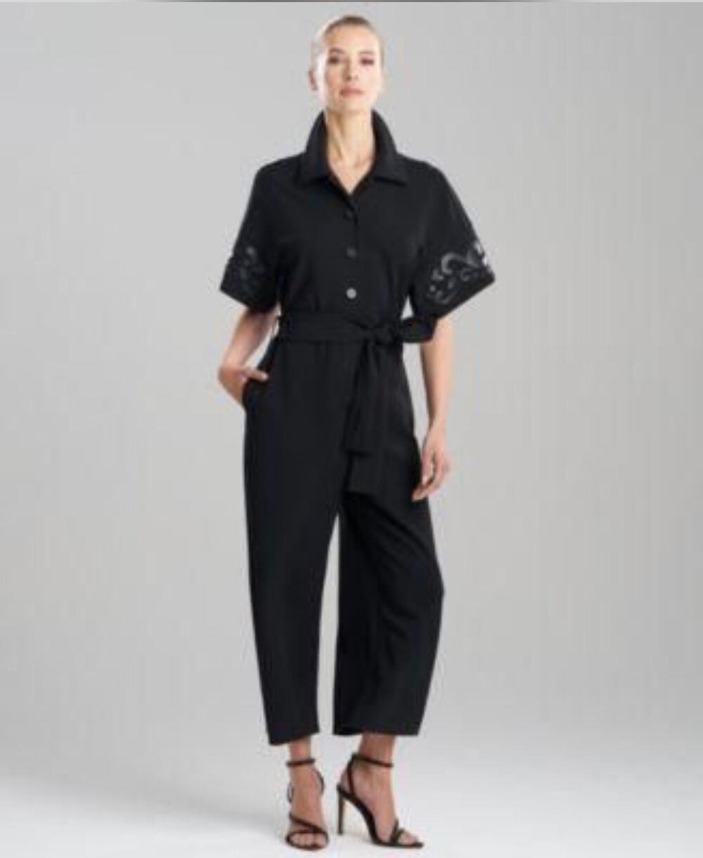 Natori Women's Belted Straight-Leg Jumpsuit Short Sleeves Black Size Small NWT